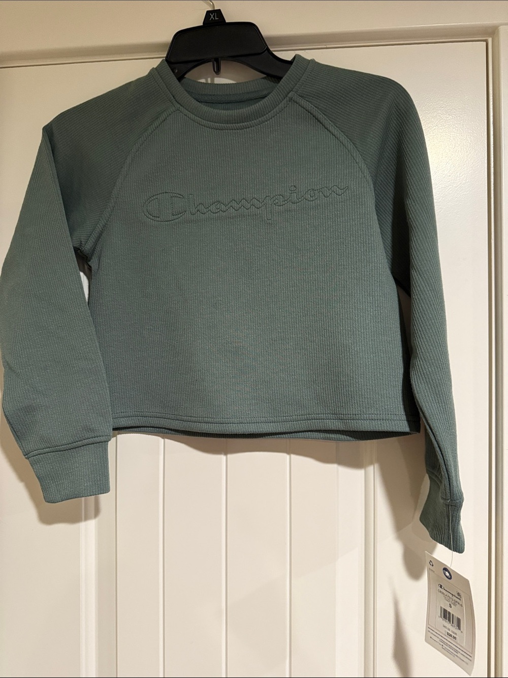 Champion Waffle-Knit Cropped Crewneck Long Sleeve Shirt- Sage Green